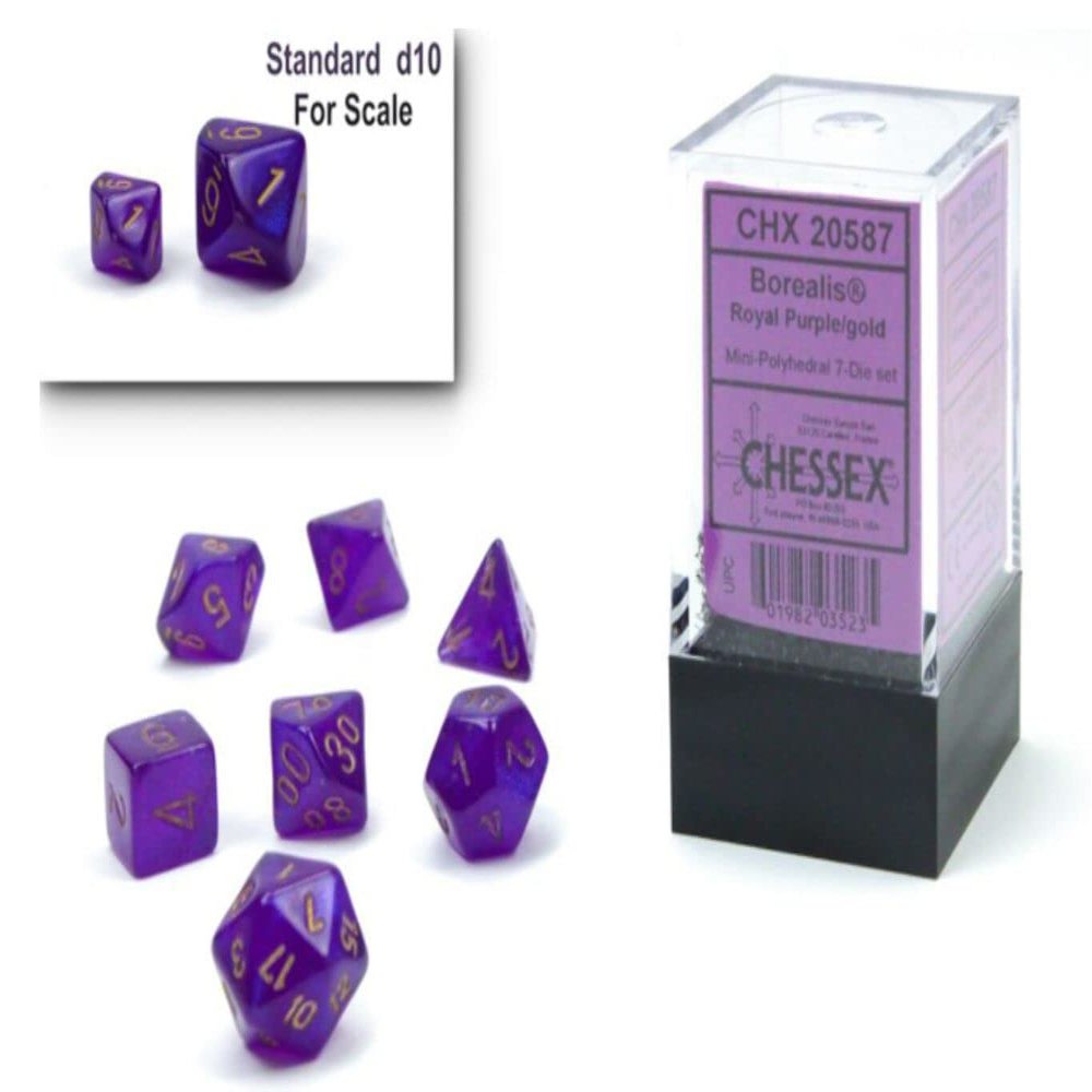 Chessex Dice Set 10mm Borealis Purple/Gold Luminary Polyhedral Dice Set Dungeons and Dragons D&D DND TTRPG Dice Includes 7 Dice - D4 D6 D8 D10 D12 D20 D% (CHX20587)