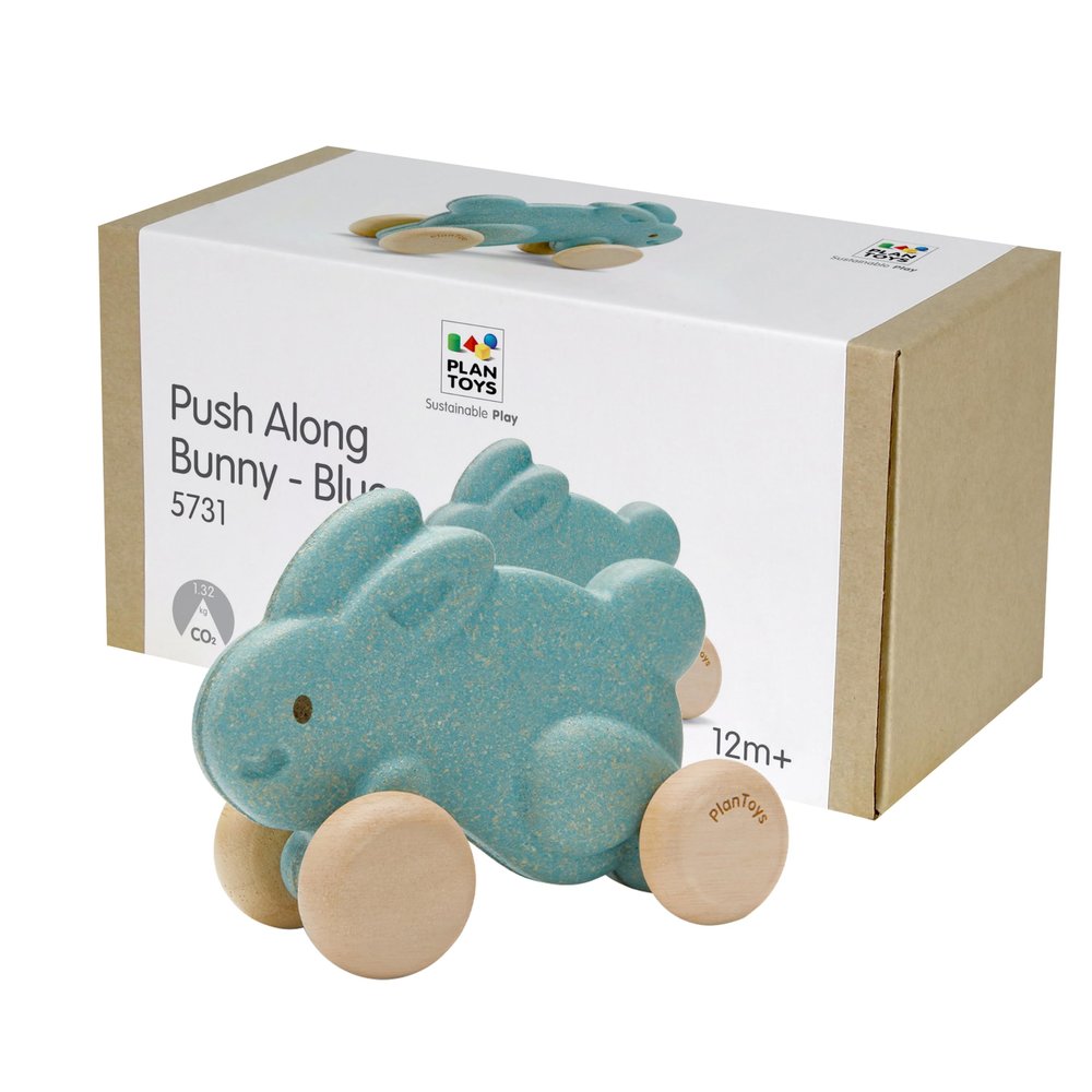PlanToys Blue Push Along Bunny Wooden Montessori Movement and Coordination Toy | Gross Motor, Rhythm and Cause & Effect Early Learning Activity | Eco Friendly Push Toy for Active Play