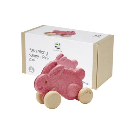 PlanToys Pink Push Along Bunny Wooden Montessori Movement and Coordination Toy | Gross Motor, Rhythm and Cause & Effect Early Learning Activity | Eco Friendly Push Toy for Active Play