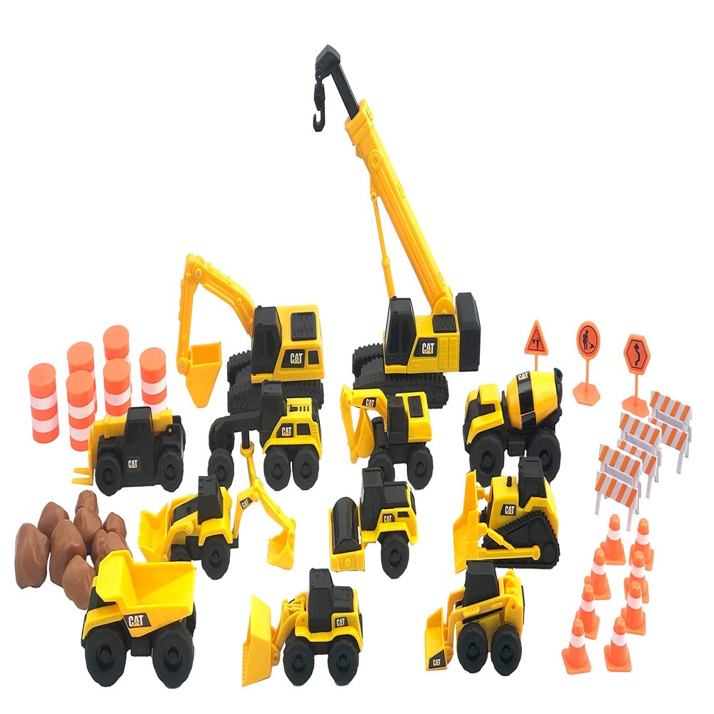 CAT Construction Toys, Little Machines Mega Set  40+ Pieces with XL Crane & Excavator, 10 Mini Vehicles, Road Signs, Cones, Boulders & Barricades, Indoor/Outdoor STEM Toy for Kids Ages 3 +