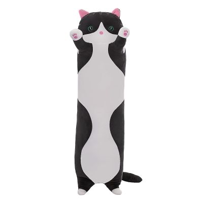 SHINUOER Cute Cat Plush Long Body Pillow Soft Cartoon Stuffed Animal Doll, Kawaii Cat Plushie Cuddle Toy for Kids, Girls & Girlfriend (Black, 27.5 Inch)