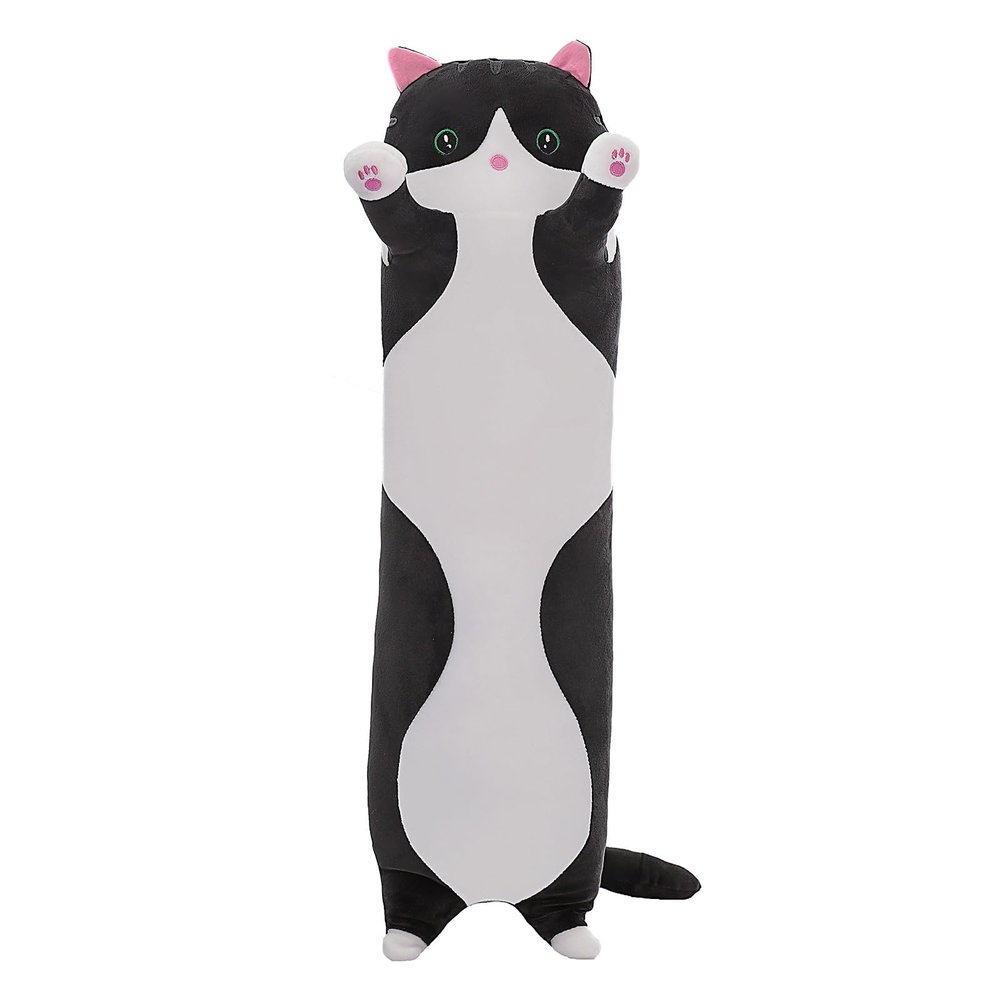 SHINUOER Cute Cat Plush Long Body Pillow Soft Cartoon Stuffed Animal Doll, Kawaii Cat Plushie Cuddle Toy for Kids, Girls & Girlfriend (Black, 27.5 Inch)