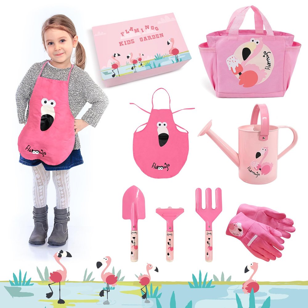 Altdorff Kids Garden Tools, Yard Tools Kit for Garden, Beach, Outdoor Play, Include Shovel, Rake, Fork, Kids Apron, Tote Bag, Garden Gloves and Watering Can, Educational Garden Toys Gifts for Girls