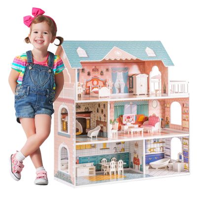 ROBOTIME Doll House Wooden Dollhouse for Kids 3 4 5 6 Years Old, Doll House w/28PCS Furniture Plastic, for 3.3Dolls, Birthday Presents for Toddler 3+