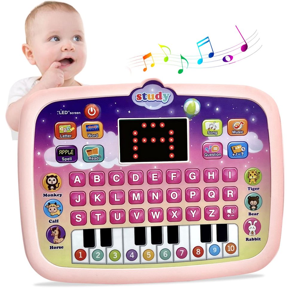 Kid Tablet Toddler Learning Pad Interactive Toy with Screen -Educational Toys Fun Gifts -Music/Piano/ABC/Numbers/Words/Spell/Animals - for Boys&Girls 3+ (Pink)