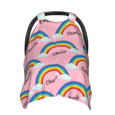 Personalized Colorful Rainbow Pink Baby Infant Car Seats Canopy for Babies with Name, Custom Car Seat Covers for Baby Girls, Peekaboo Minky Nursing Breastfeeding Stroller Canopies for Newborn