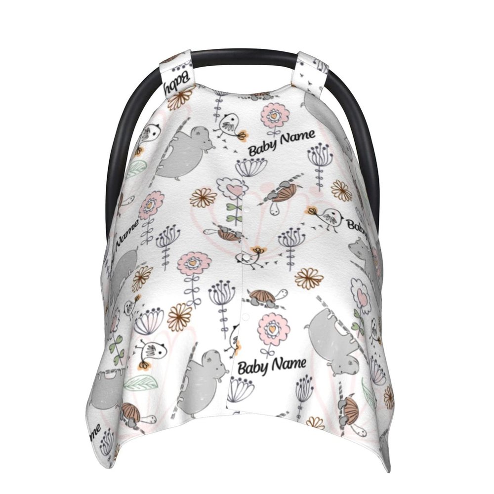Personalized Cute Tortoise Hippo Baby Infant Car Seats Canopy for Babies with Name, Custom Car Seat Covers for Baby Boys Girls, Peekaboo Minky Nursing Breastfeeding Stroller Canopies for Newborn