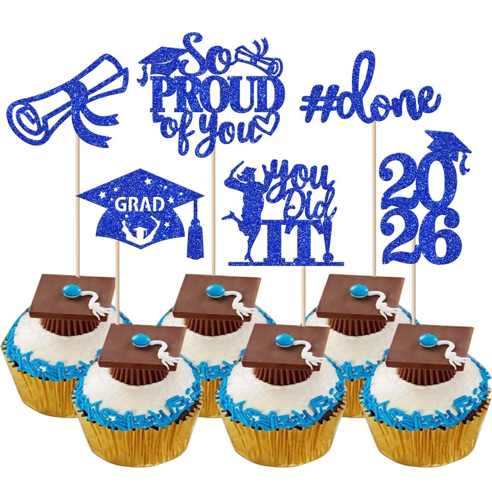 24 Pack Blue 2026 Graduation Cupcake Toppers Glitter So Proud of You Done Diploma Grad Cap Cupcake Picks You Did it Cake Decorations for 2026 Graduation Theme Party Decorations Supplies