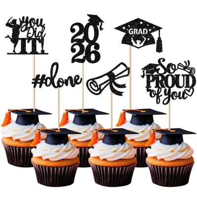 24 Pack Black 2026 Graduation Cupcake Toppers Glitter So Proud of You Done Diploma Grad Cap Cupcake Picks You Did it Cake Decorations for 2026 Graduation Theme Party Decorations Supplies