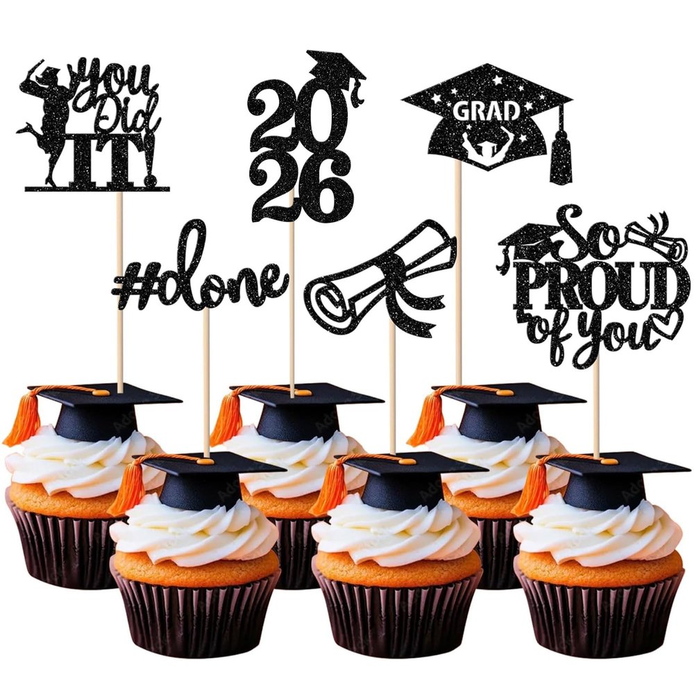 24 Pack Black 2026 Graduation Cupcake Toppers Glitter So Proud of You Done Diploma Grad Cap Cupcake Picks You Did it Cake Decorations for 2026 Graduation Theme Party Decorations Supplies