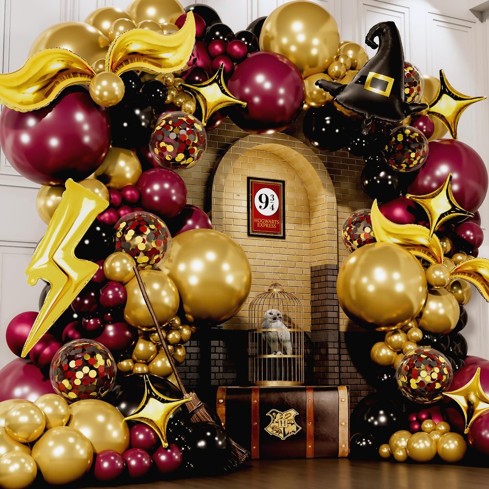 ALL-IN-1 Magical Wizard Balloons Garland Arch Kit with BONUS Hat, Wings, Lightning, Stars  Wizard Birthday Party Decorations & Supplies for Baby Shower, Chosen One, Burgundy Black Hogwarts Balloons