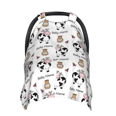 Personalized Smile Cow and Milk Baby Infant Car Seats Canopy for Babies with Name, Custom Car Seat Covers for Baby Boys Girls, Peekaboo Minky Nursing Breastfeeding Stroller Canopies for Newborn