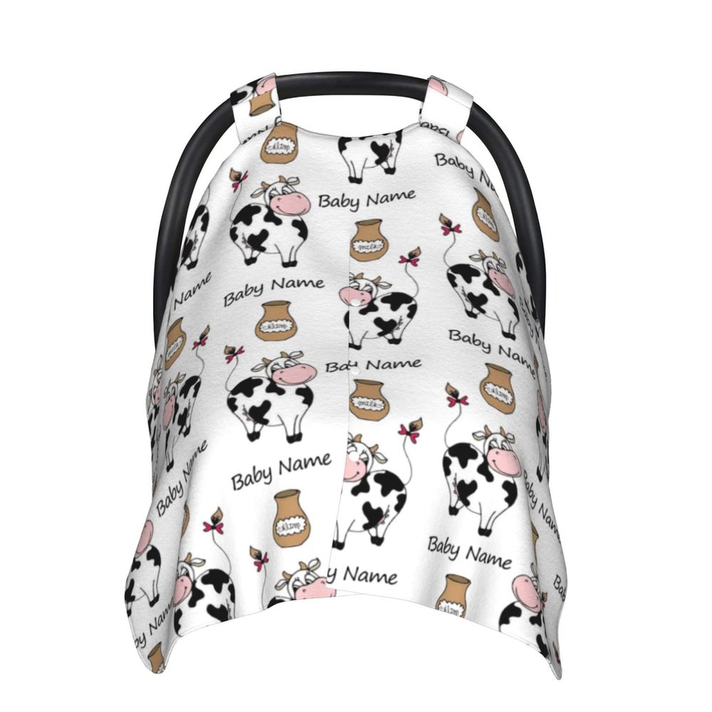 Personalized Smile Cow and Milk Baby Infant Car Seats Canopy for Babies with Name, Custom Car Seat Covers for Baby Boys Girls, Peekaboo Minky Nursing Breastfeeding Stroller Canopies for Newborn