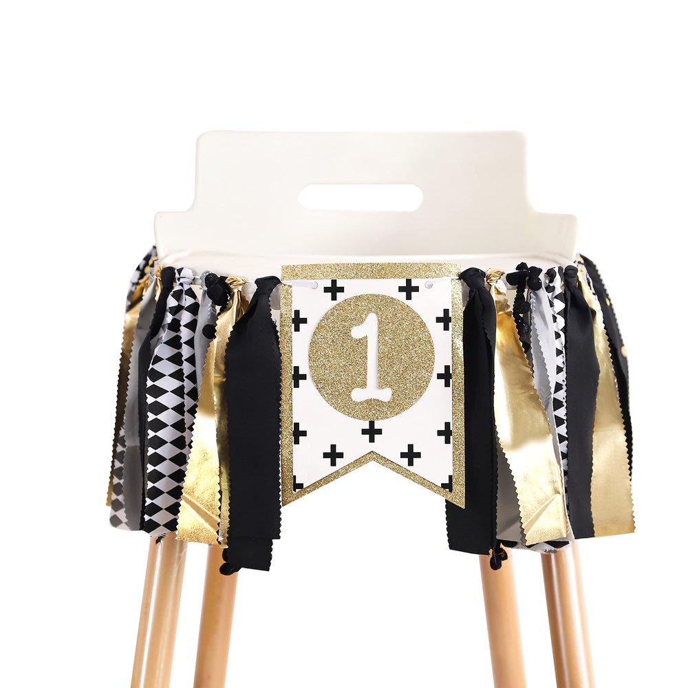YESSWL Highchair Banner - 1st Birthday Decorations, Black & Gold Wild One Theme, Photo Booth Props, Party Supplies