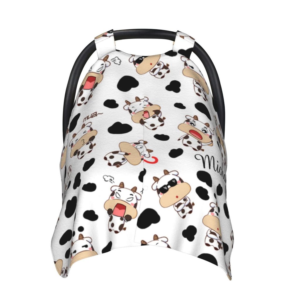 Personalized Cute Cow and Cow Spot Baby Infant Car Seats Canopy for Babies with Name, Custom Car Seat Covers for Baby Boys Girls, Peekaboo Minky Nursing Breastfeeding Stroller Canopies for Newborn