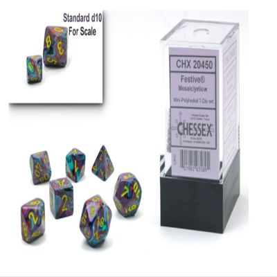 Chessex Dice Set 10mm Festive Mosaic/Yellow Plastic Polyhedral Dice Set Dungeons and Dragons D&D DND TTRPG Dice Includes 7 Dice - D4 D6 D8 D10 D12 D20 D%,CHX20450