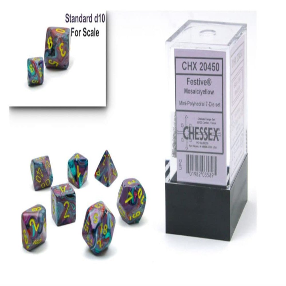 Chessex Dice Set 10mm Festive Mosaic/Yellow Plastic Polyhedral Dice Set Dungeons and Dragons D&D DND TTRPG Dice Includes 7 Dice - D4 D6 D8 D10 D12 D20 D%,CHX20450