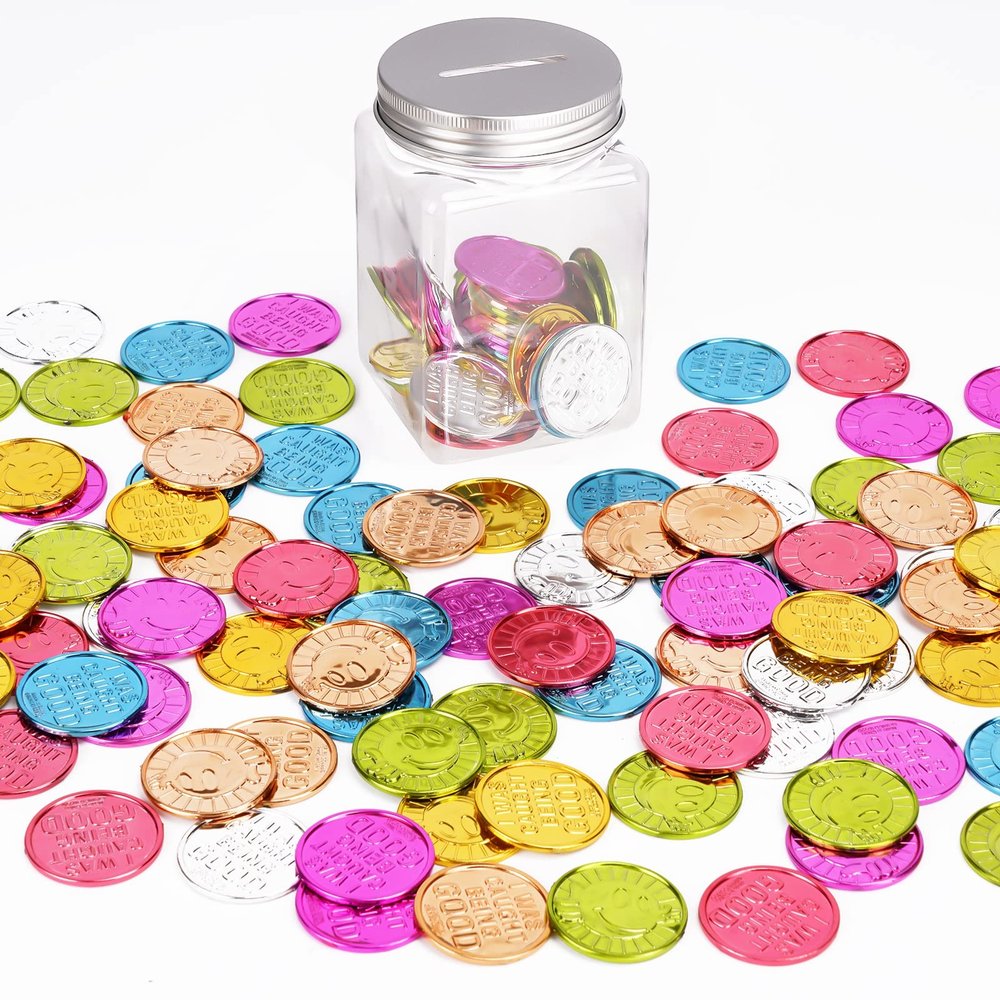 Mczxon Caught Being Good Coins Tokens-100 Pcs, Colorful Plastic Reward Incentive Behavior Pretend Play Coins with Reward Jar, Reward Plastic Play Incentive Tokens for Kids Behavior School Teacher