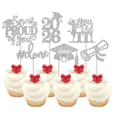 24 Pack 2026 Graduation Cupcake Toppers Glitter So Proud of You Done Diploma Grad Cap Cupcake Picks You Did it Cake Decorations for 2026 Graduation Theme Party Decorations Supplies Silver