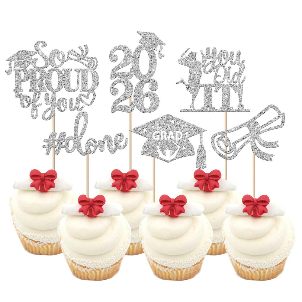 24 Pack 2026 Graduation Cupcake Toppers Glitter So Proud of You Done Diploma Grad Cap Cupcake Picks You Did it Cake Decorations for 2026 Graduation Theme Party Decorations Supplies Silver