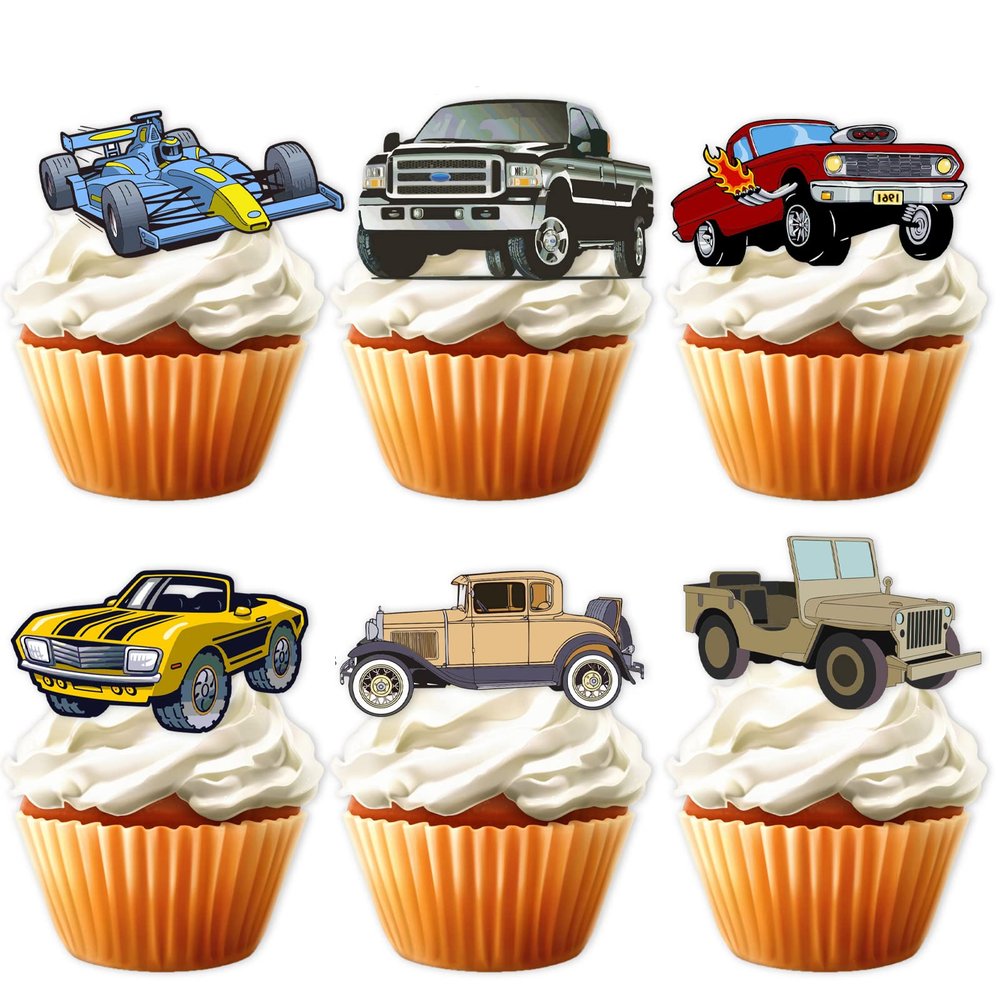 18pcs Blue Glitter Dessert Cupcake Topper Retro Transportation Car Develop History Theme Decor Supplies Baby Shower Children Boy Girl Happy Birthday Party Decorations