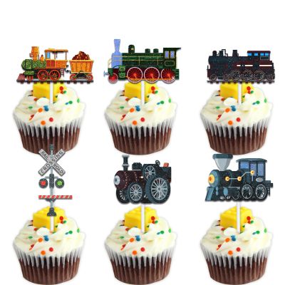 18pcs Black Glitter Dessert Cupcake Topper Transportation Train Railroad Crossing Theme Decor Supplies Baby Shower Children Boy Girl Happy Birthday Party Decorations