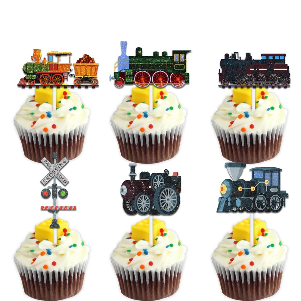 18pcs Black Glitter Dessert Cupcake Topper Transportation Train Railroad Crossing Theme Decor Supplies Baby Shower Children Boy Girl Happy Birthday Party Decorations