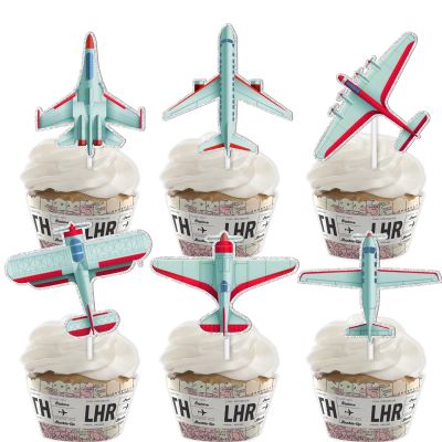 18pcs Blue Glitter Dessert Cupcake Topper Transportation Airplane Air Force Theme Decor Supplies Baby Shower Children Boy Girl Happy Birthday Party Decorations