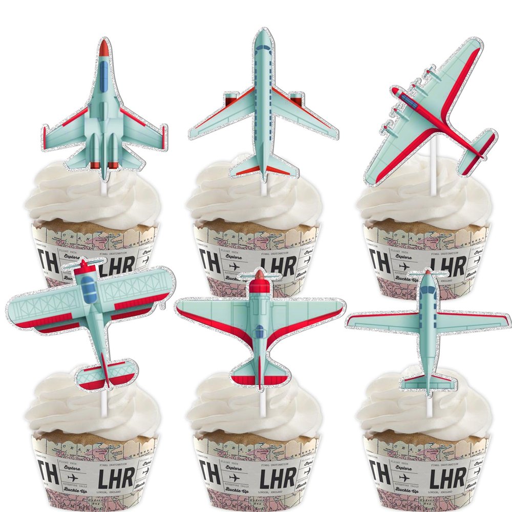 18pcs Blue Glitter Dessert Cupcake Topper Transportation Airplane Air Force Theme Decor Supplies Baby Shower Children Boy Girl Happy Birthday Party Decorations
