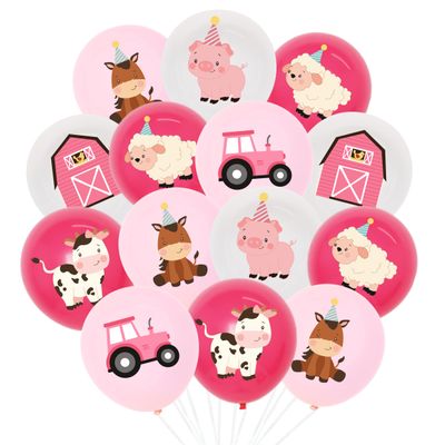 36pcs Pink Farm Animal Balloons Girls, 12 Inch Cow Sheep House Pig Car Donkey Latex Balloons Farm Animal Birthday Party Supplies Pink Farmhouse Baby Shower Decorations for Kids Barnyard Themed Party