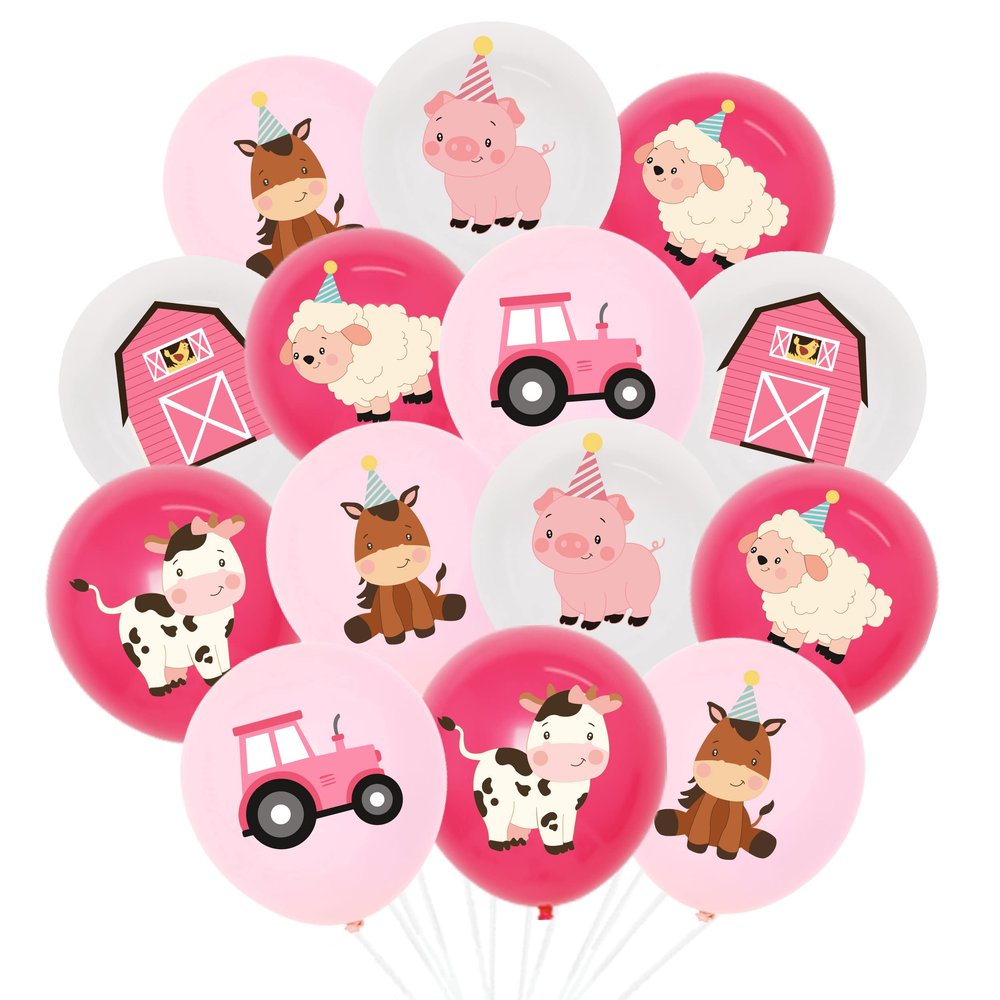 36pcs Pink Farm Animal Balloons Girls, 12 Inch Cow Sheep House Pig Car Donkey Latex Balloons Farm Animal Birthday Party Supplies Pink Farmhouse Baby Shower Decorations for Kids Barnyard Themed Party