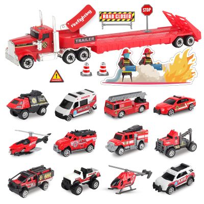 Oriate Fire Truck Vehicle Toys with Flatbed Trailer & Various Traffic Road Signs, Diecast Firetruck for 3 4 5 6 7 Year Old Boys Girls, Ambulance, Helicopter, Fire Rescue Theme Stickers
