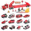 Oriate Fire Truck Vehicle Toys with Flatbed Trailer & Various Traffic Road Signs, Diecast Firetruck for 3 4 5 6 7 Year Old Boys Girls, Ambulance, Helicopter, Fire Rescue Theme Stickers view 1