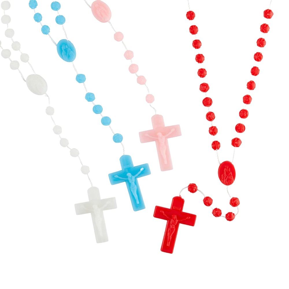 Needzo Plastic Bulk Rosaries with Rosebud Shaped Beads, Colorful Cross Prayer Bead Necklaces (Pack of 100)