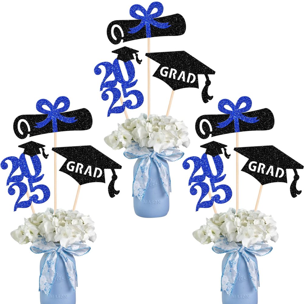 12 Pack 2025 Graduation Centerpiece Sticks Assembled Glitter Class of 2025 Lawyer Cake Toppers Diploma Grad Cap Table Centerpiece Sticks for Law School Survivor 2025 Graduation Theme Party Blue