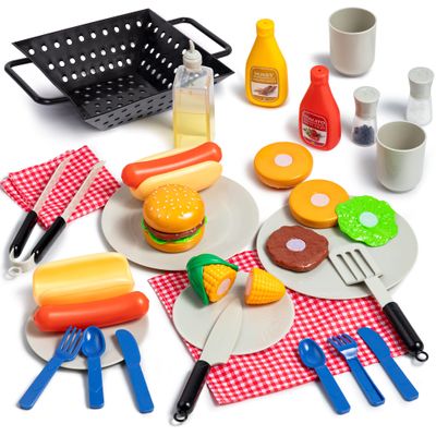 27 PCS Kids BBQ Grill Playset Backyard Barbecue Play Grill Toy Set for Toddlers, Play Food Sets for Kids Kitchen