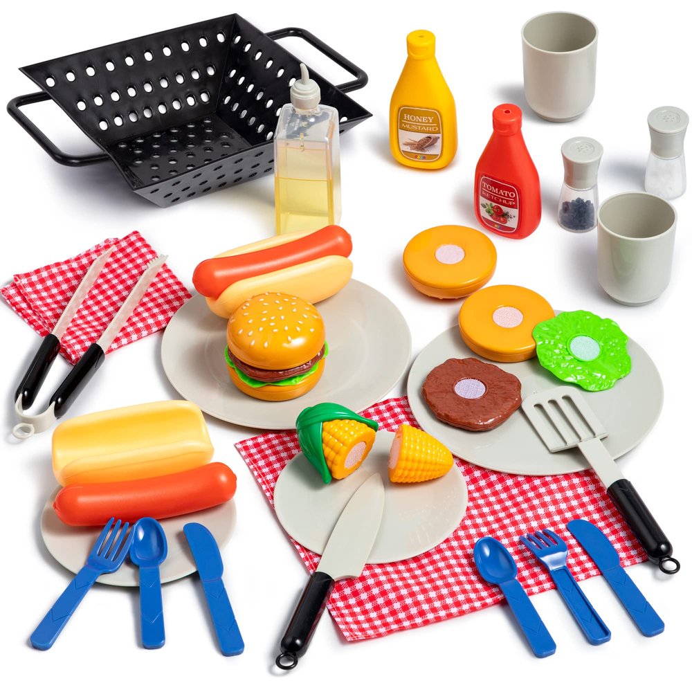 27 PCS Kids BBQ Grill Playset Backyard Barbecue Play Grill Toy Set for Toddlers, Play Food Sets for Kids Kitchen