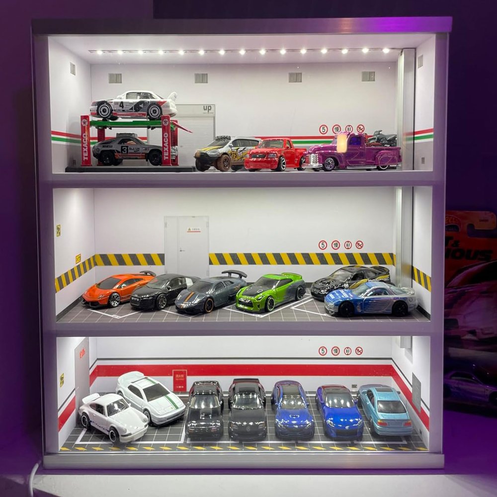 Garage Display Case Collectible Display Show Case with LED Lights,Model Car Display Case for 1:64 Scale Mini Car Parking Space Scene Collectible Gift Decoration 3 Layer Model Car Parking Lot Garage