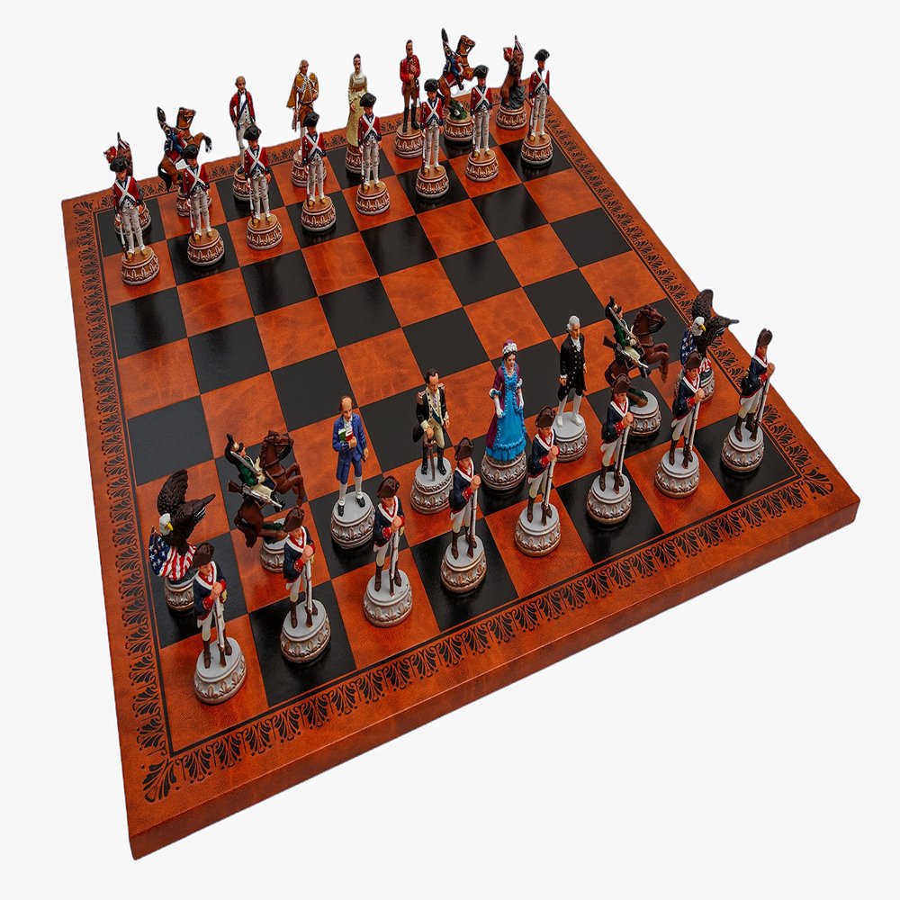 American Revolutionary War of Independence Hand Painted Luxury Pewter Chessmen & Georgio Chess Board from Italy