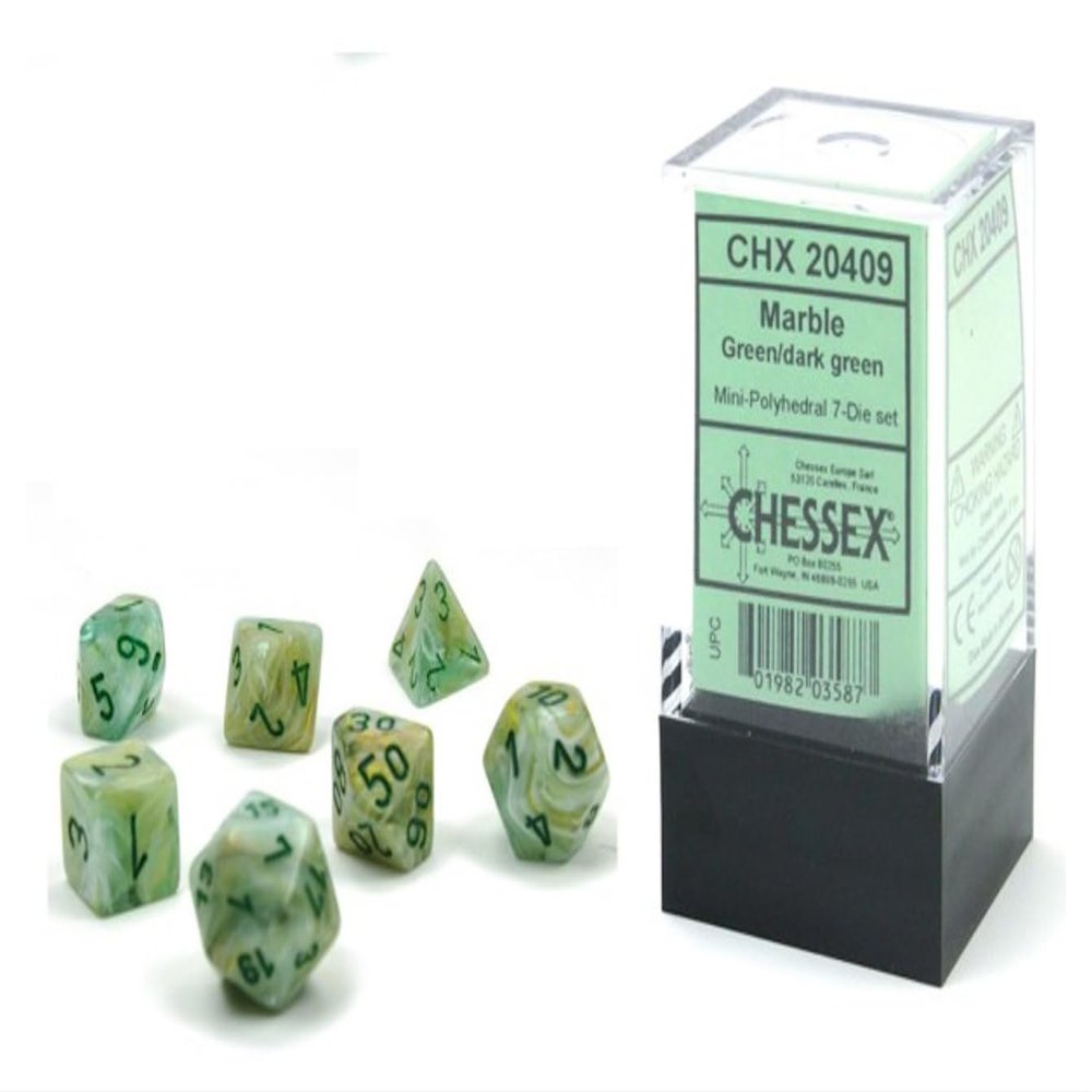 Chessex Dice Set 10mm Marble Green/Dark Green Plastic Polyhedral Dice Set for Dungeons and Dragons D&D DND TTRPG Dice Includes 7 Dice - D4 D6 D8 D10 D12 D20 D% (CHX20409)