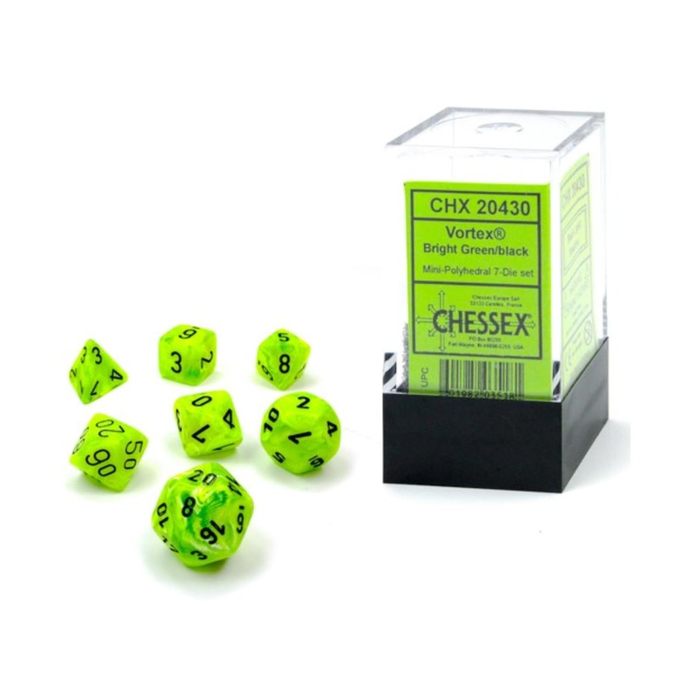 Chessex Dice Set 10mm Vortex Bright Green/Black Plastic Polyhedral Dice Set Dungeons and Dragons D&D DND TTRPG Dice Includes 7 Dice - D4 D6 D8 D10 D12 D20 D%,CHX20430