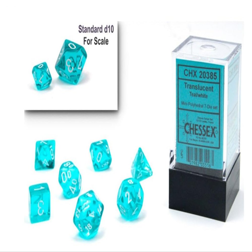 Chessex 10mm Translucent Teal & White Polyhedral Dice Set Compatible with Dungeons & Dragons (D&D), Pathfinder & Other TTRPGs Includes 7 Dice: D4, D6, D8, D10, D12, D20 & D%