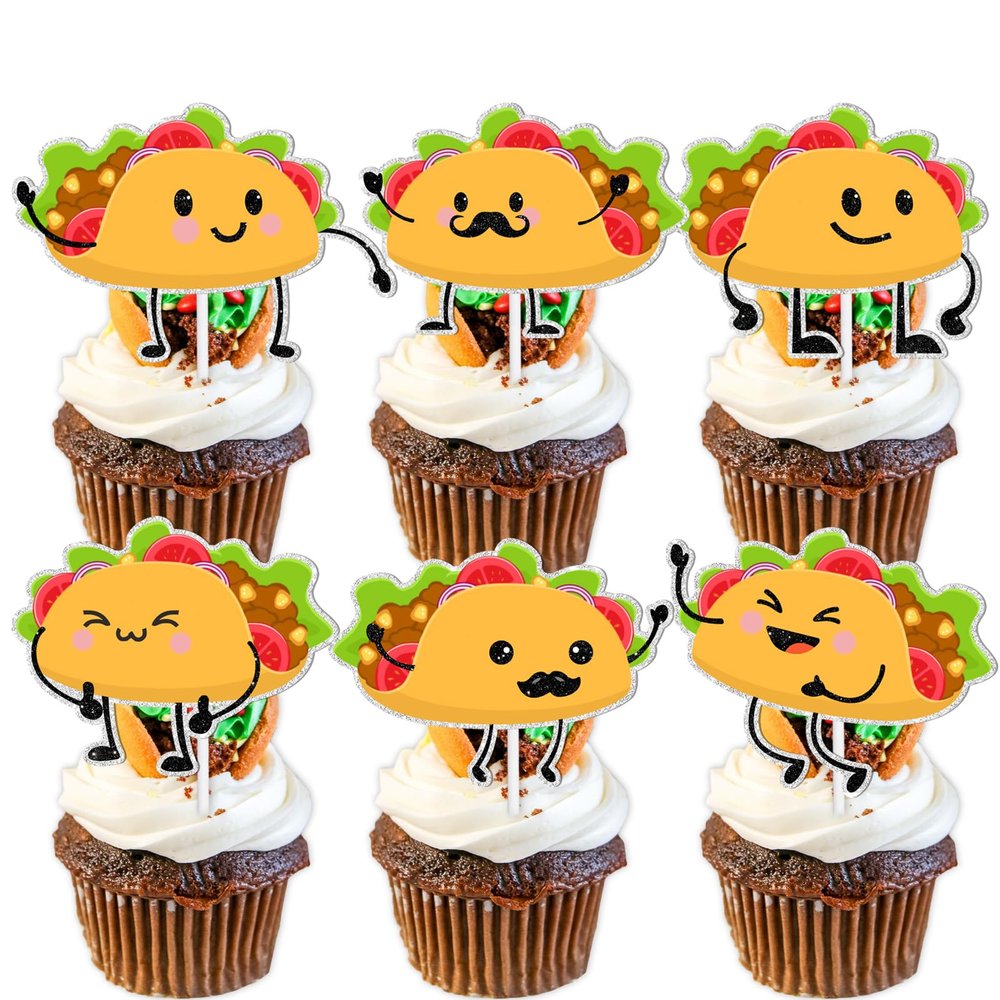 18pcs Gold Glitter Cute Taco Bout Dessert Cupcake Topper Mexican Yummy Food Fiesta Festival Theme Decor Supplies Baby Shower Happy Birthday Party Decorations