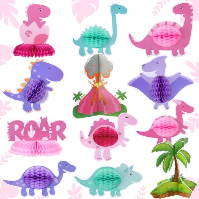 12 Pcs Pink Dinosaur Party Honeycomb Centerpieces Table Decorations Dinosaur Girls Birthday Party Supplies Little Dino Centerpiece Table Topper for Kids Birthday Baby Shower Decor