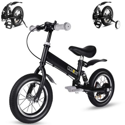 bikeboy Balance Bike 14 Inches, Dual Use Kids Bike for 2-6 Years Old, Shock Absorbers, Fenders, Pedals, Auxiliary Wheels, Black