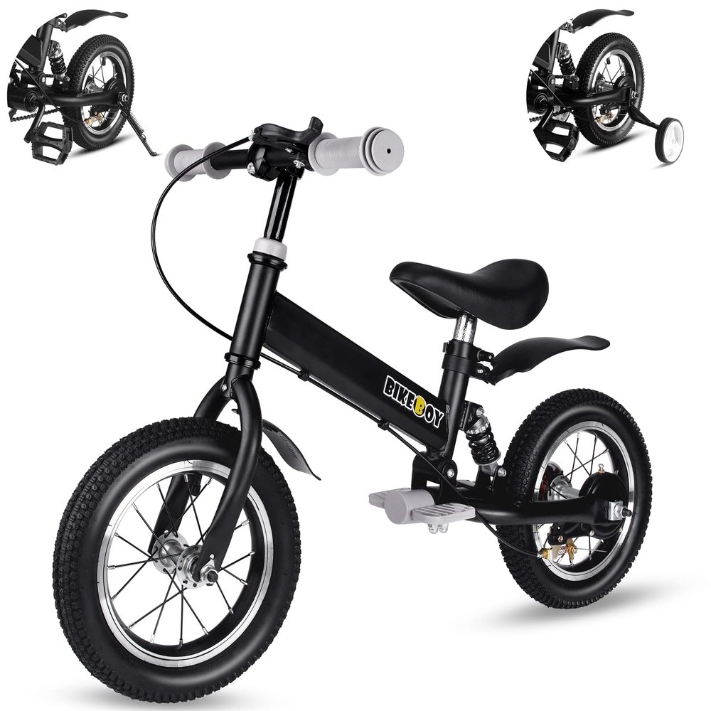 bikeboy Balance Bike 14 Inches, Dual Use Kids Bike for 2-6 Years Old, Shock Absorbers, Fenders, Pedals, Auxiliary Wheels, Black