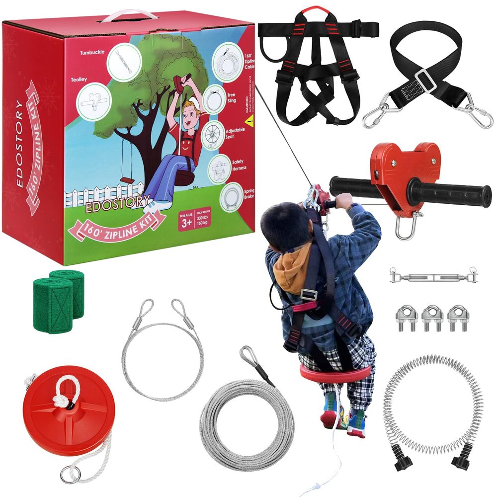 EDOSTORY 160 Feet Backyard Zip Line Kit for Kids and Adult Up Outdoor to 330lb with Stainless Steel Ziplines Spring Brake and Safety Harness, Christmas and Birthday Gifts for Kids(Red)