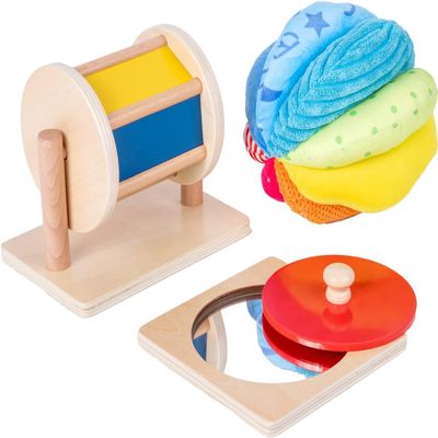 Montessori Baby Toys Play Kit - Mirror, Peekaboo, Knob Puzzle, Spinning Drum, Rainbow Ball - 6-12 Months Toddlers