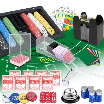 MrCarbon Super Casino Game Set: 6 Deck Shuffler+360pcs Chips+8 Poker Cards+Card Shoe+Chip Rake+Felt+Accessories, Blackjack Set & Texas Holdem Complete Kit, Poker Night Kit for Casino Party Gift