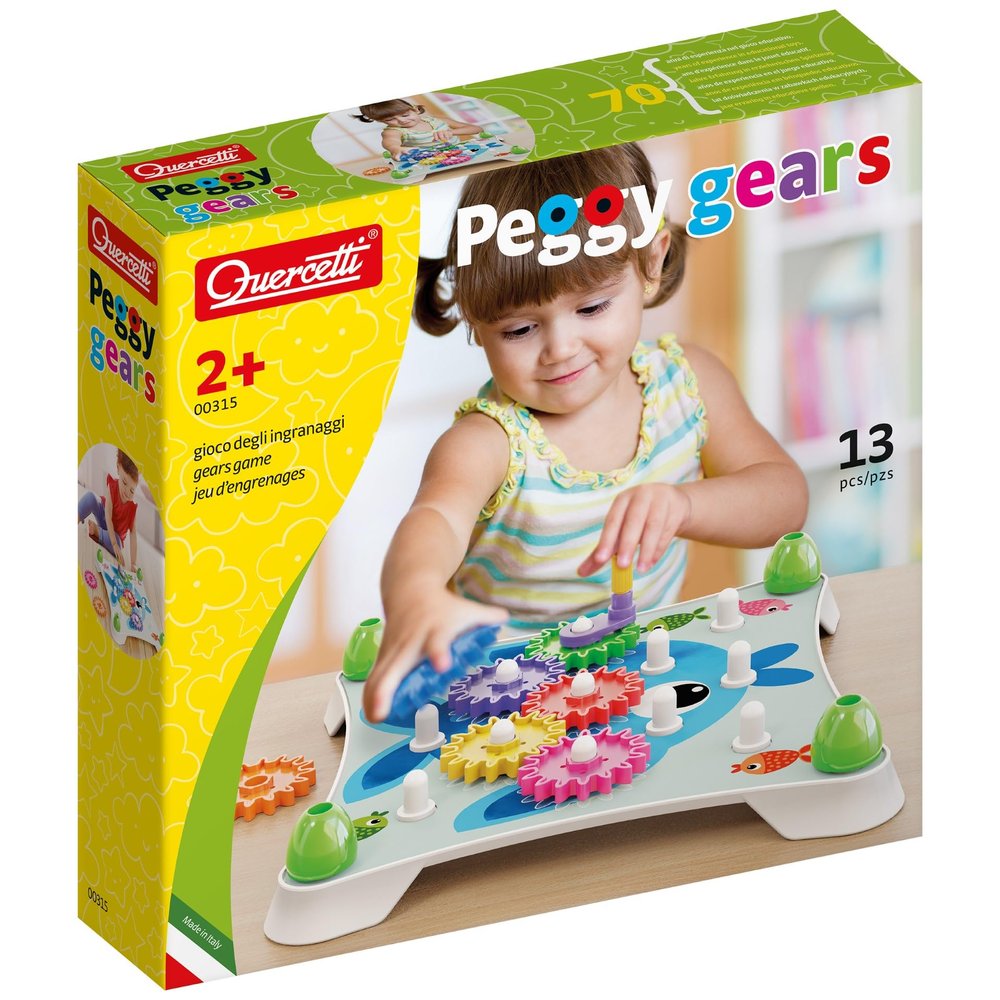 Quercetti: Peggy Gears - 13pc Interactive Cogwheel Construction Toy, Peg Board, 2-Sided Cards w/ 6 Scenes, Preschool Educational Play, Toddler-Kids 2+